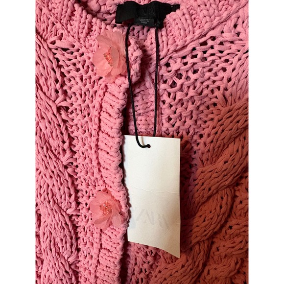 Zara Pink Chunky Cable Knit Vest Floral Button Cropped Cardigan Sleeveless Small - Picture 3 of 3